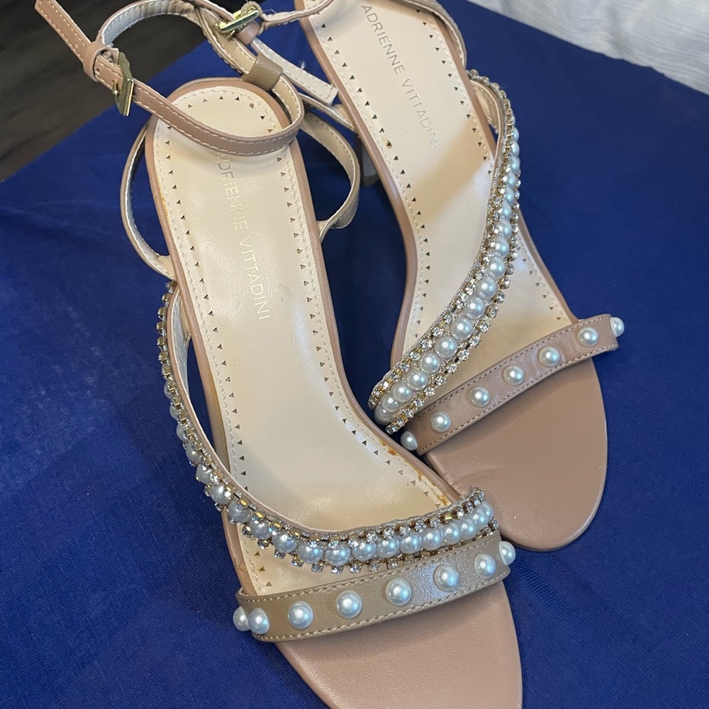 Adrienne Vittadini beige strappy sandal with pearls